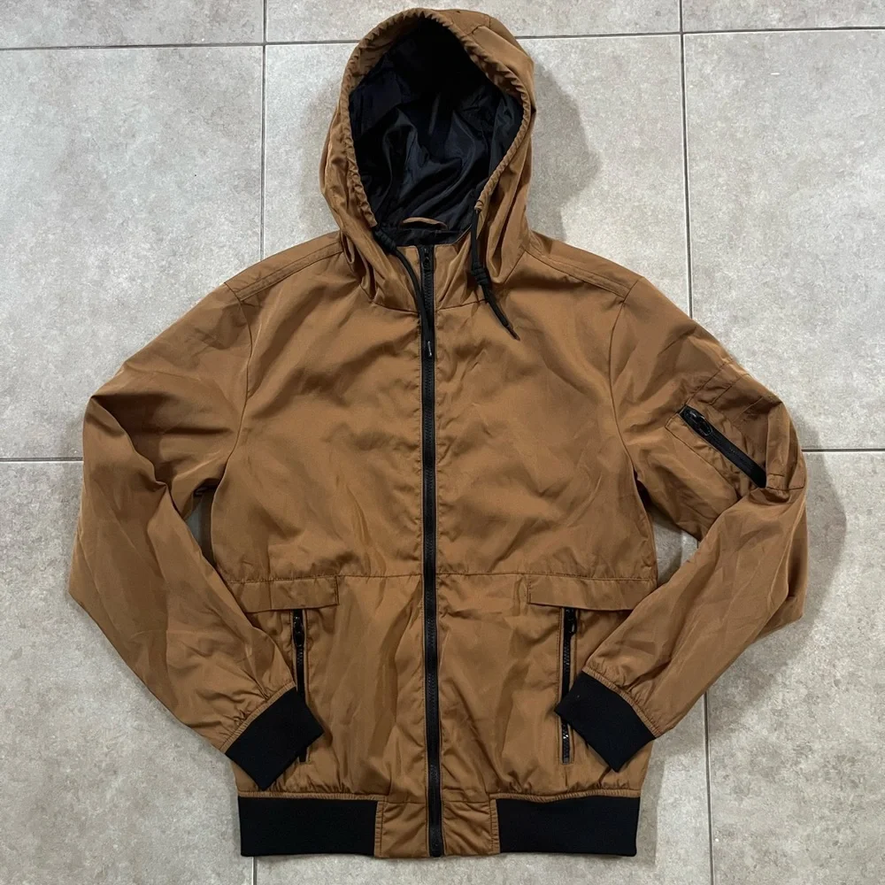 Bershka Brown Hooded Bomber Jacket Mens XS Multiple pockets